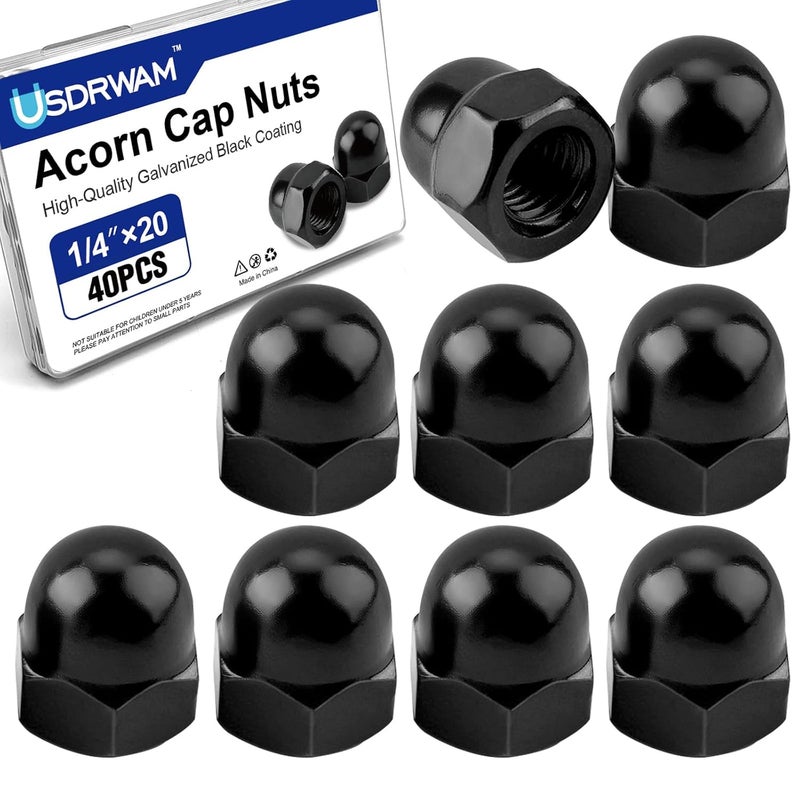 Usdrwam 40Pcs 1/4"-20 Acorn Cap Nuts, Zinc Plating-Black Hex Head Acorn Cap Nuts, Stainless Steel 18-8 (304) Hexagon Dome for Indoor Outdoor - Image 1